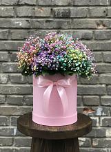 Цветочная композиция из Гипсофила и Розы в шляпной коробке в Поселок имени Тельмана
