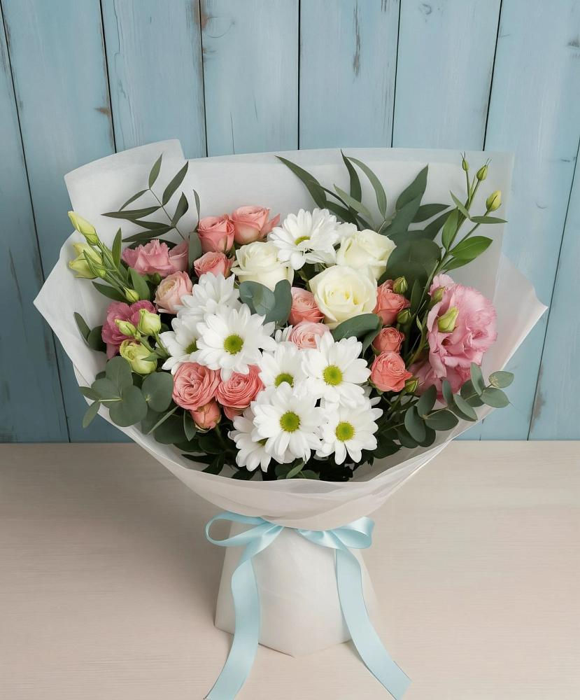 Букет цветов из: Розы, Лизиантусы и Хризантемы в Поселок имени Тельмана