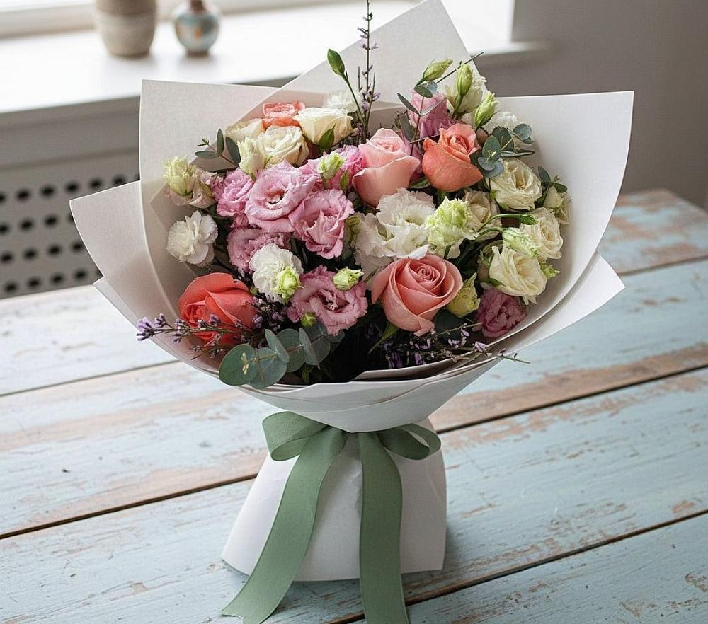 Букет цветов из: Розы, Лизиантусы и Гвоздики в Поселок имени Тельмана