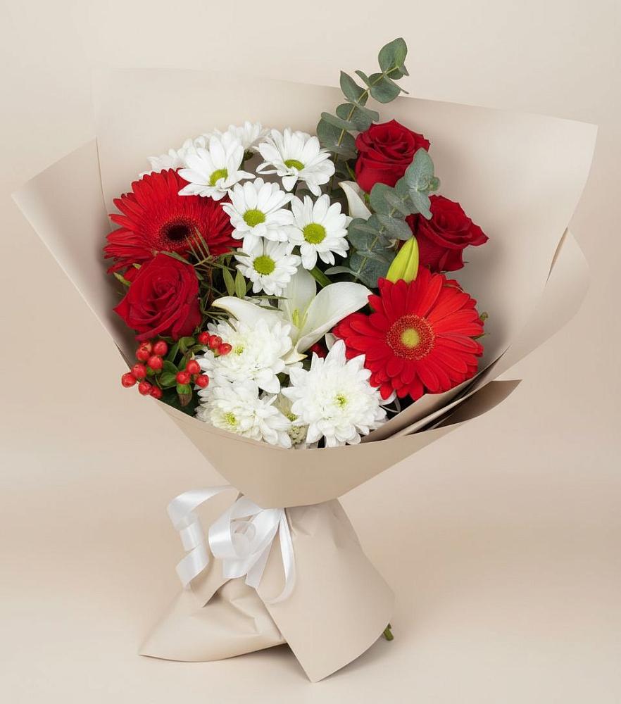 Букет цветов из: Розы, Хризантемы, Герберы и Лилии в Поселок имени Тельмана