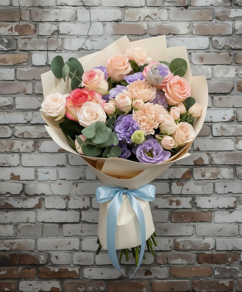 Букет цветов из: Розы, Лизиантусы и Гвоздики в Поселок имени Тельмана