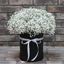 Цветочная композиция из Гипсофила в шляпной коробке в Поселок имени Тельмана