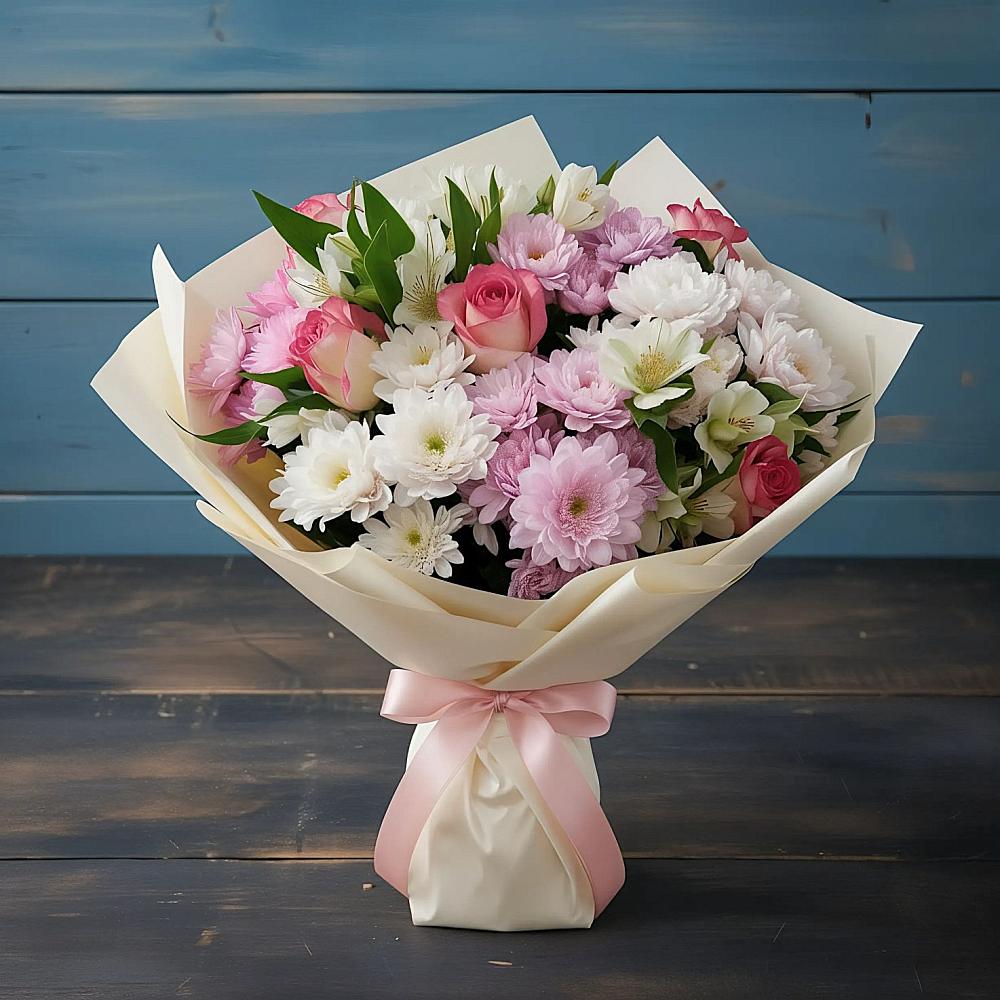 Букет цветов из: Хризантемы, Альстромерии и Розы в Поселок имени Тельмана